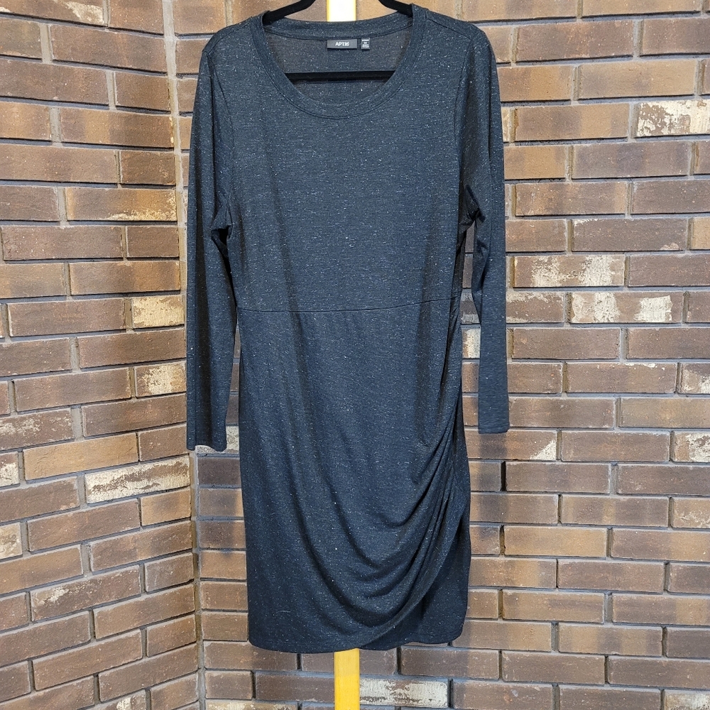 Apt. 9 black jersey long sleeve dress scoop neck rouched hip bodice seam